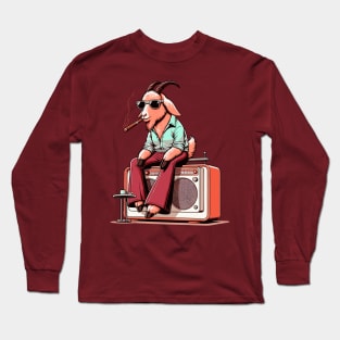 70s retro art : smoking goat sitting on vintage radio Long Sleeve T-Shirt